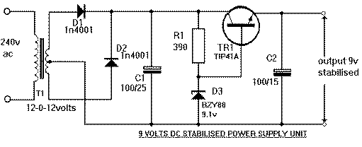 9 Volts DC Stabilised Power Supply UNit CIRCUIT DIAGRAMS