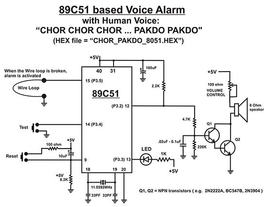 Microcontroller 89C51 Based Chor Pakdo Alarm Project with Circuit Diagram
