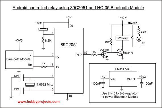 Circuit Diagram of Android Controlled Relay using 892051 and HC-05 Bluetooth Module