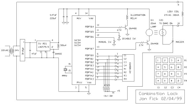 Combination Lock (PIC16F84) Diagram